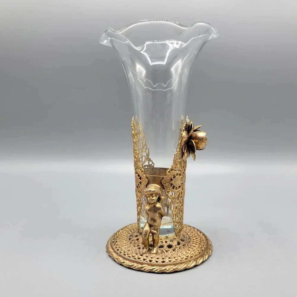 Antique Vintage Gold Brass Filigree Fluted Bud Vases Cherub Figural Design - Picture 3 of 16